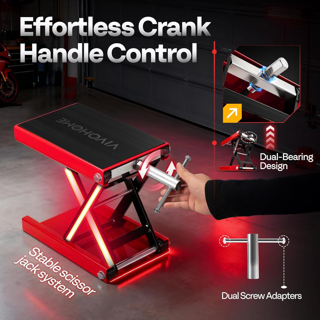 VIVOHOME 1100 LBS Motorcycle Lift Scissor Jack, Wide Deck Hoist Stand, Height Adjustable Center Stand with Crank, Steel Lift for Cruiser, Dirt Bike, ATV - Red