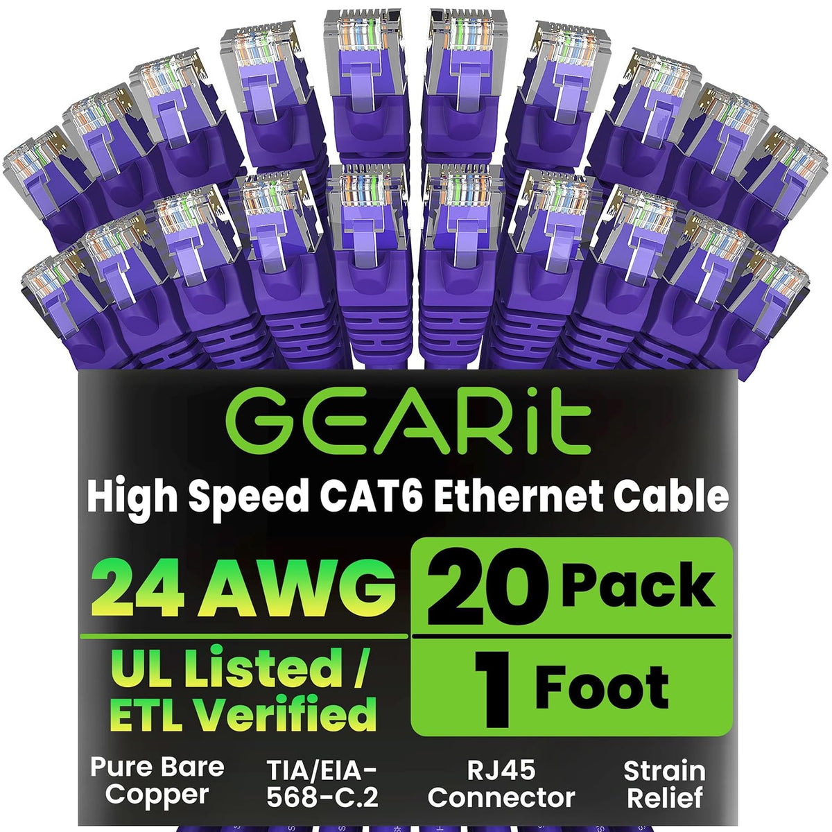 Gearit Cat 6 Ethernet Cable (10-Pack 10 Feet) Cat6 Network Patch, 10Gbps, RJ45, Snagless Cord, Gold-Plated Connectors, Internet for PC, TV, Tablet, Router, Printer, Servers, IT Data Center - Green