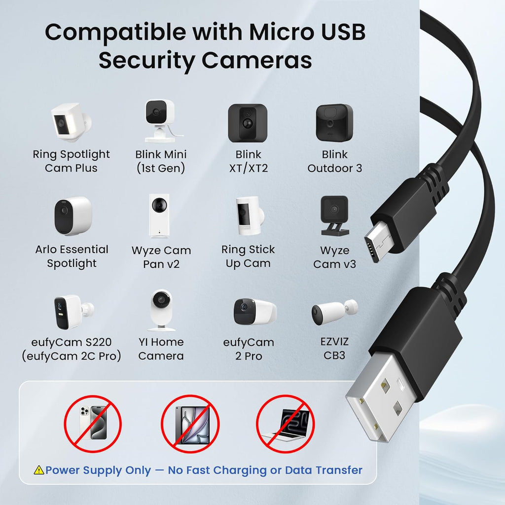 Itramax USB to Micro USB Extension Cable 30FT 2Pack,Extra Long Flat Charging Power Extender Cord for Wyze Cam V4/Pan V2/V3,Blink Mini/Xt/Xt2/Outdoor 3,EZVIZ Cb3,Eufycam 2 Pro/2C,25,50,Security Camera
