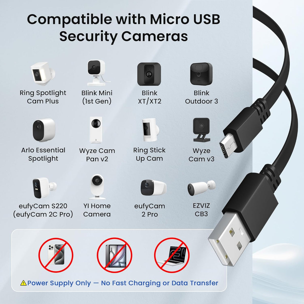 Itramax USB to Micro USB Extension Cable 30FT 2Pack,Extra Long Flat Charging Power Extender Cord for Wyze Cam V4/Pan V2/V3,Blink Mini/Xt/Xt2/Outdoor 3,EZVIZ Cb3,Eufycam 2 Pro/2C,25,50,Security Camera