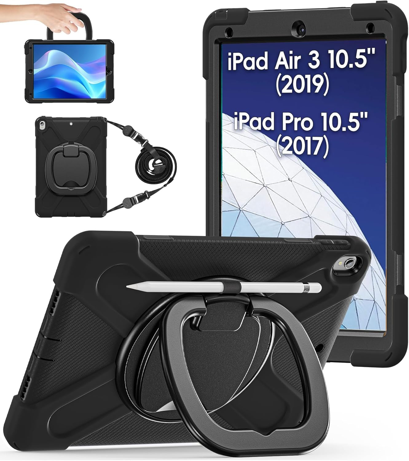 BATYUE Ipad Air 3Rd Generation Case 2019 / Ipad Pro 10.5 Inch Case 2017; Rugged Heavy Duty Protective Cover with Pencil Holder, 360° Swivel Stand, Shoulder Strap; for Kids (Navy Blue+Blue)