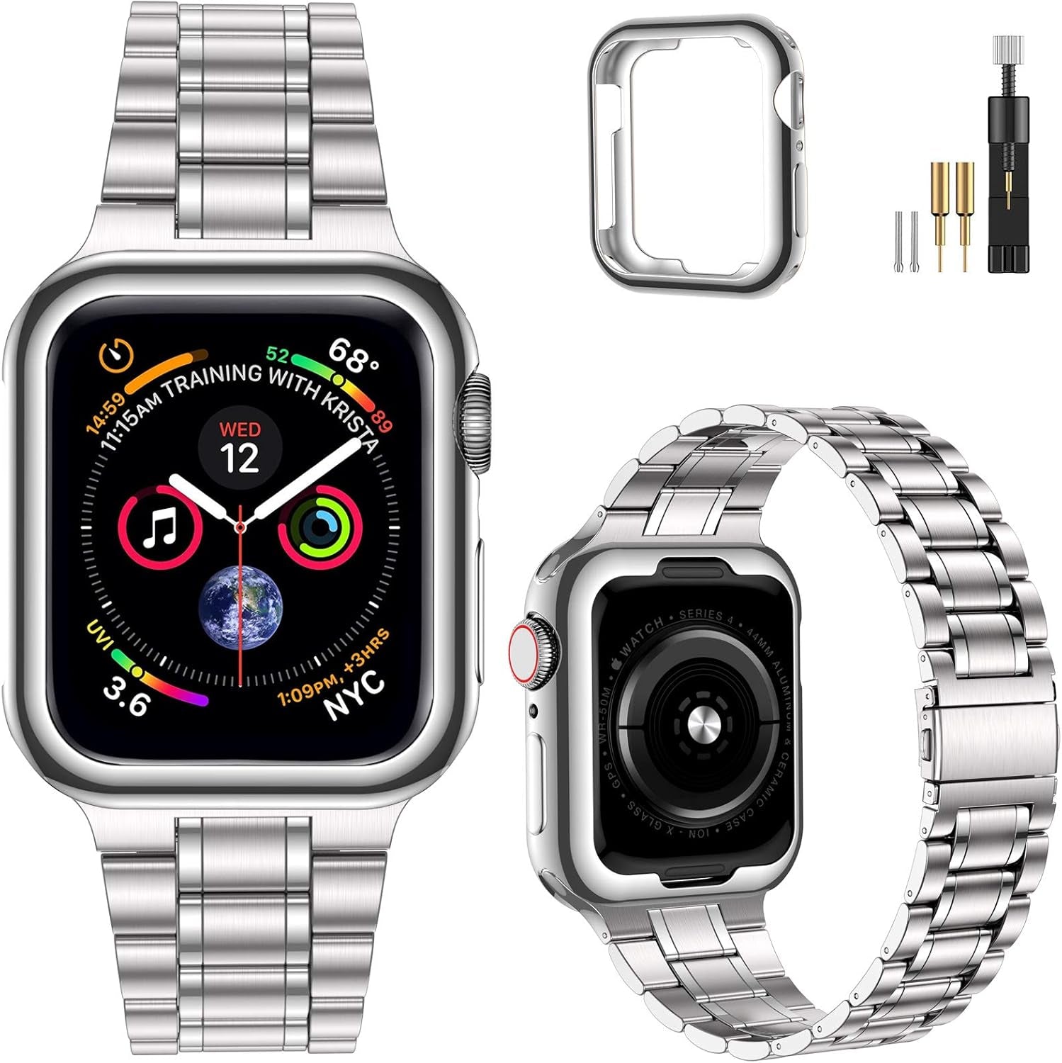 Miohhr Solid Stainless Steel Band Compatible with Apple Watch 44Mm(Series 6/5/4/SE), 42Mm (Series 3/2/1), Metal Strap with Soft TPU Case for Iwatch Bands for Women and Men, Gold