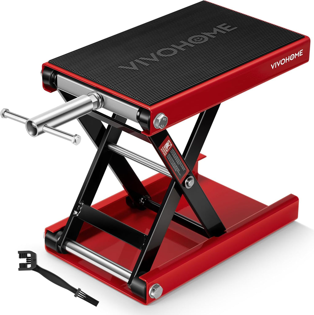 VIVOHOME 1100 LBS Motorcycle Lift Scissor Jack, Wide Deck Hoist Stand, Height Adjustable Center Stand with Crank, Steel Lift for Cruiser, Dirt Bike, ATV - Red