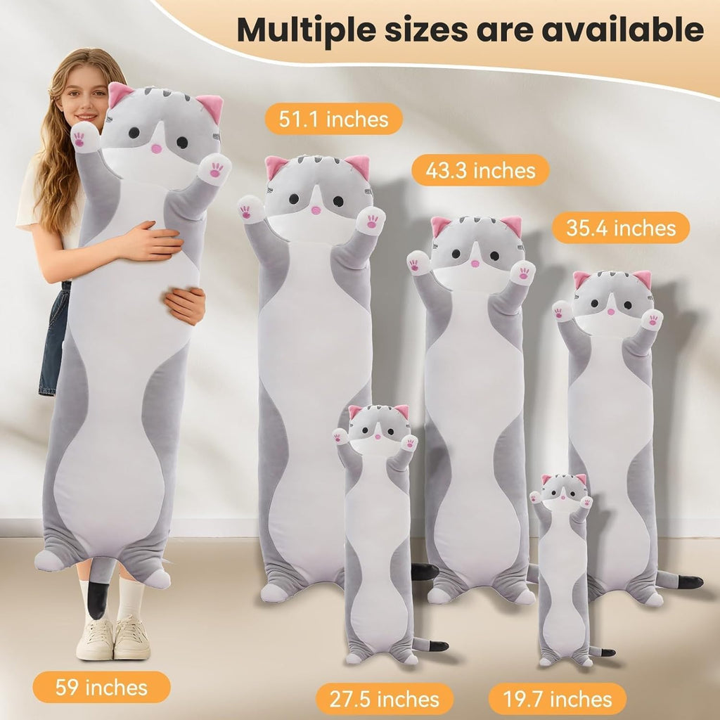 Cute Cat Plush Long Body Pillow – Soft Cartoon Stuffed Animal Doll, Kawaii Cat Plushie Toy Pillow Gifts for Kids, Girls & Girlfriend (Gray, 19.7 Inch)