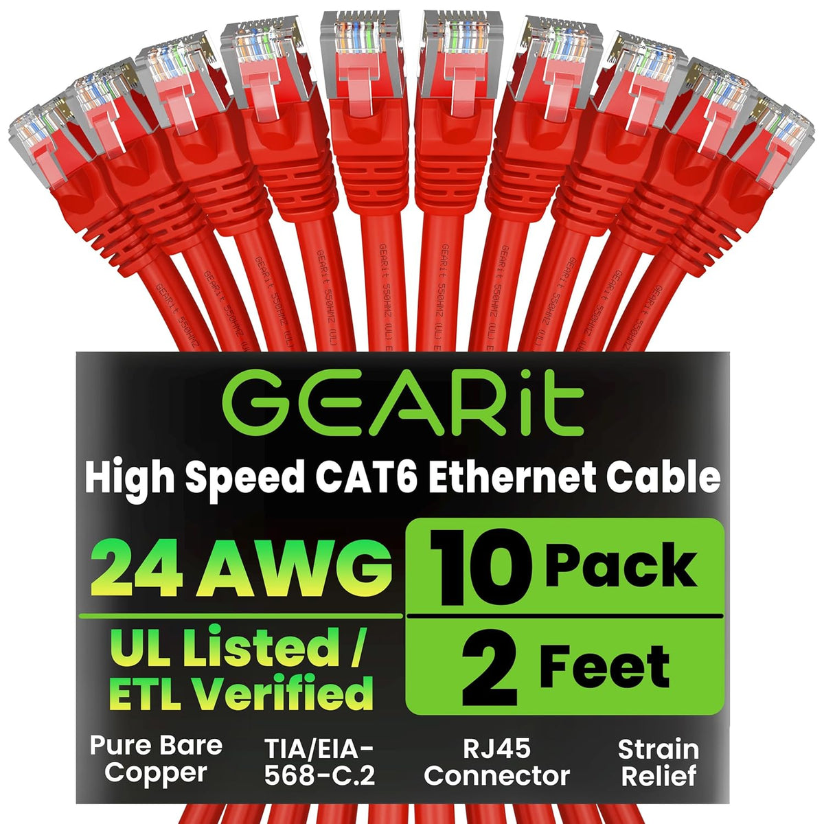 Gearit Cat 6 Ethernet Cable (10-Pack 10 Feet) Cat6 Network Patch, 10Gbps, RJ45, Snagless Cord, Gold-Plated Connectors, Internet for PC, TV, Tablet, Router, Printer, Servers, IT Data Center - Green