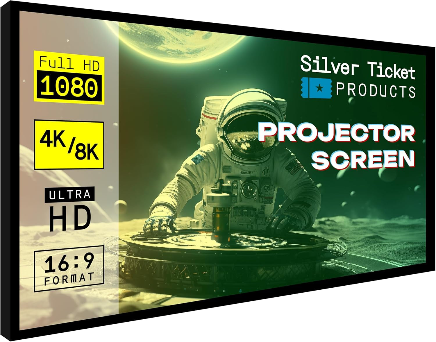 Silver Ticket Products STR Series 6 Piece Home Theater Fixed Frame 4K / 8K Ultra HD, HDTV, HDR & Active 3D Movie Projection Screen, 16:9 Format, 150" Diagonal, White Material STR-169150
