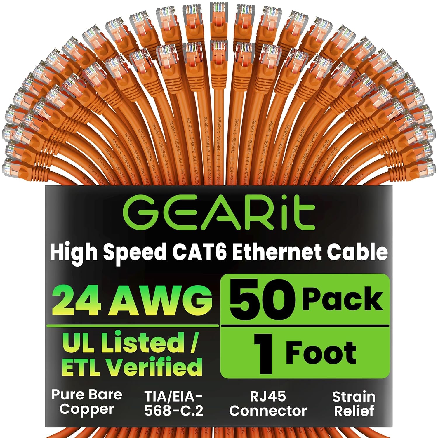 Gearit Cat 6 Ethernet Cable (10-Pack 10 Feet) Cat6 Network Patch, 10Gbps, RJ45, Snagless Cord, Gold-Plated Connectors, Internet for PC, TV, Tablet, Router, Printer, Servers, IT Data Center - Green
