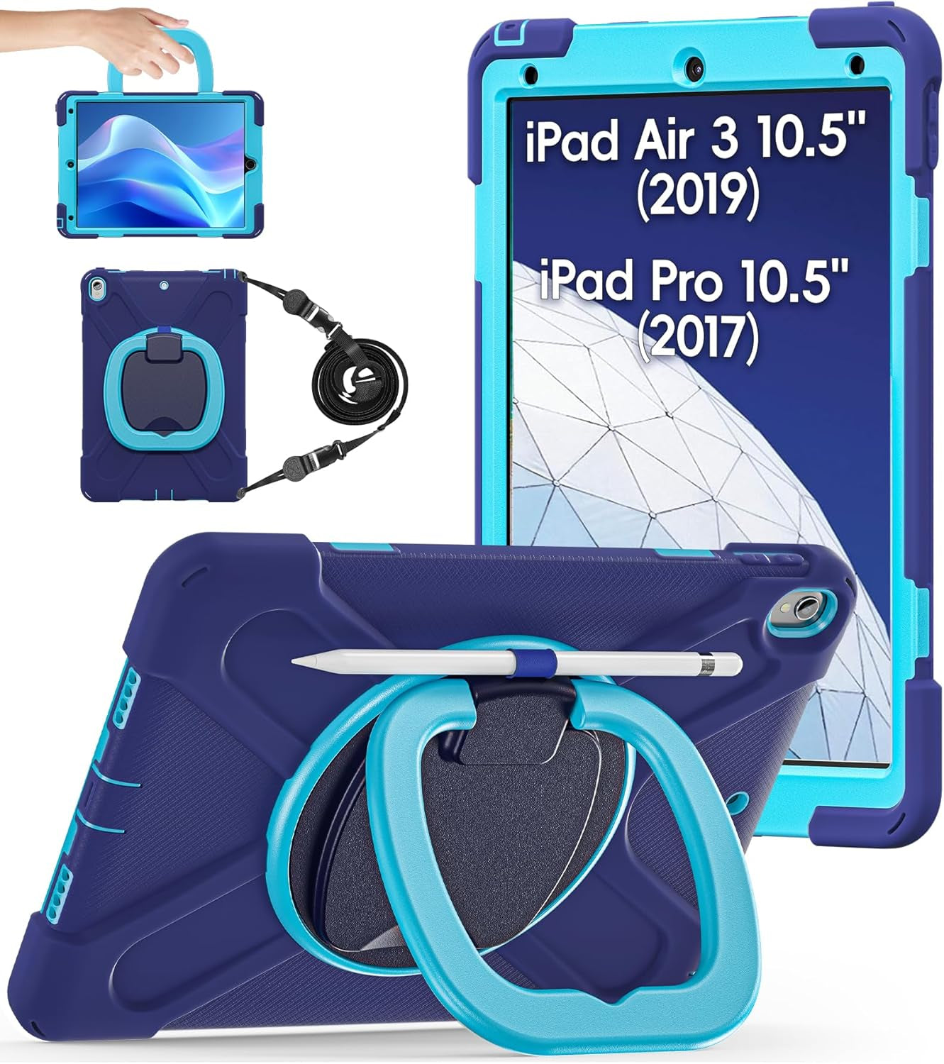 BATYUE Ipad Air 3Rd Generation Case 2019 / Ipad Pro 10.5 Inch Case 2017; Rugged Heavy Duty Protective Cover with Pencil Holder, 360° Swivel Stand, Shoulder Strap; for Kids (Navy Blue+Blue)