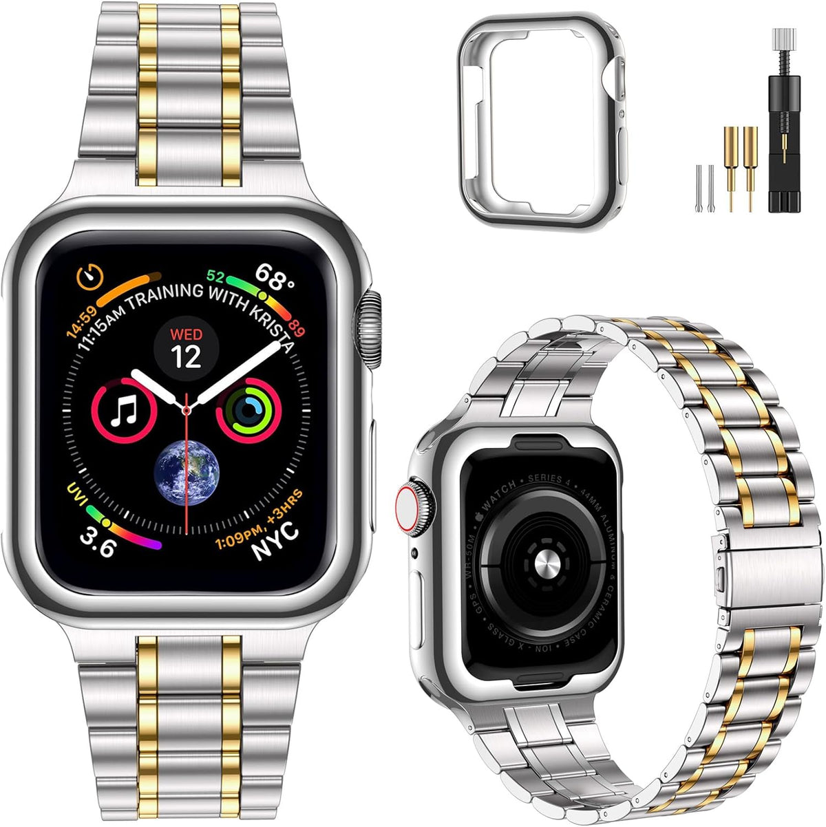 Miohhr Solid Stainless Steel Band Compatible with Apple Watch 44Mm(Series 6/5/4/SE), 42Mm (Series 3/2/1), Metal Strap with Soft TPU Case for Iwatch Bands for Women and Men, Gold