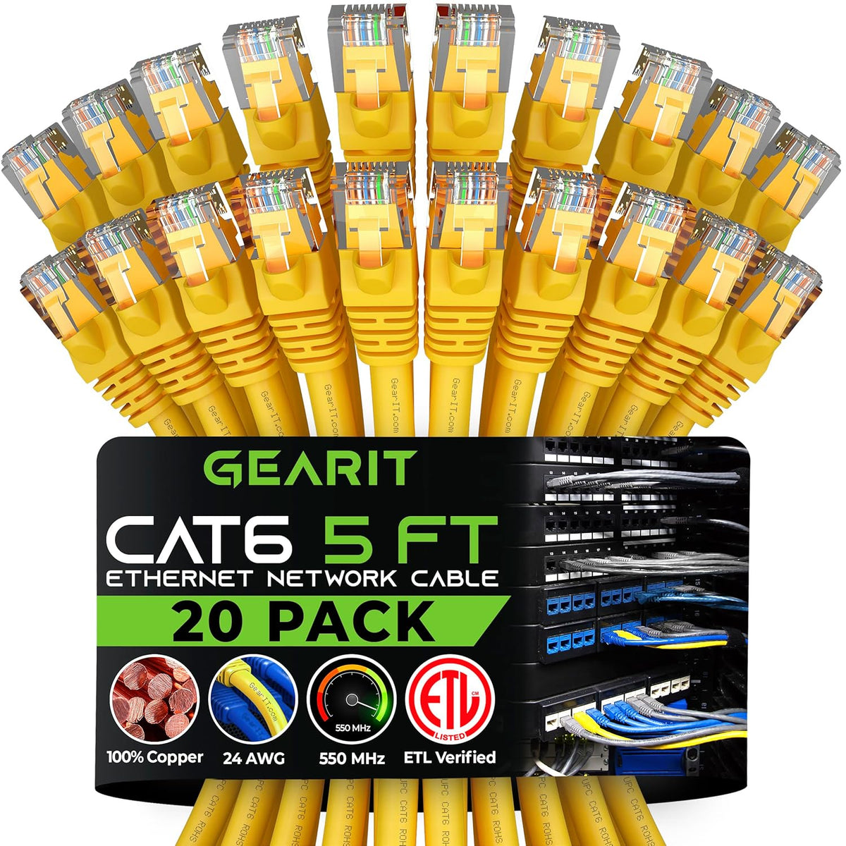 Gearit Cat 6 Ethernet Cable (10-Pack 10 Feet) Cat6 Network Patch, 10Gbps, RJ45, Snagless Cord, Gold-Plated Connectors, Internet for PC, TV, Tablet, Router, Printer, Servers, IT Data Center - Green