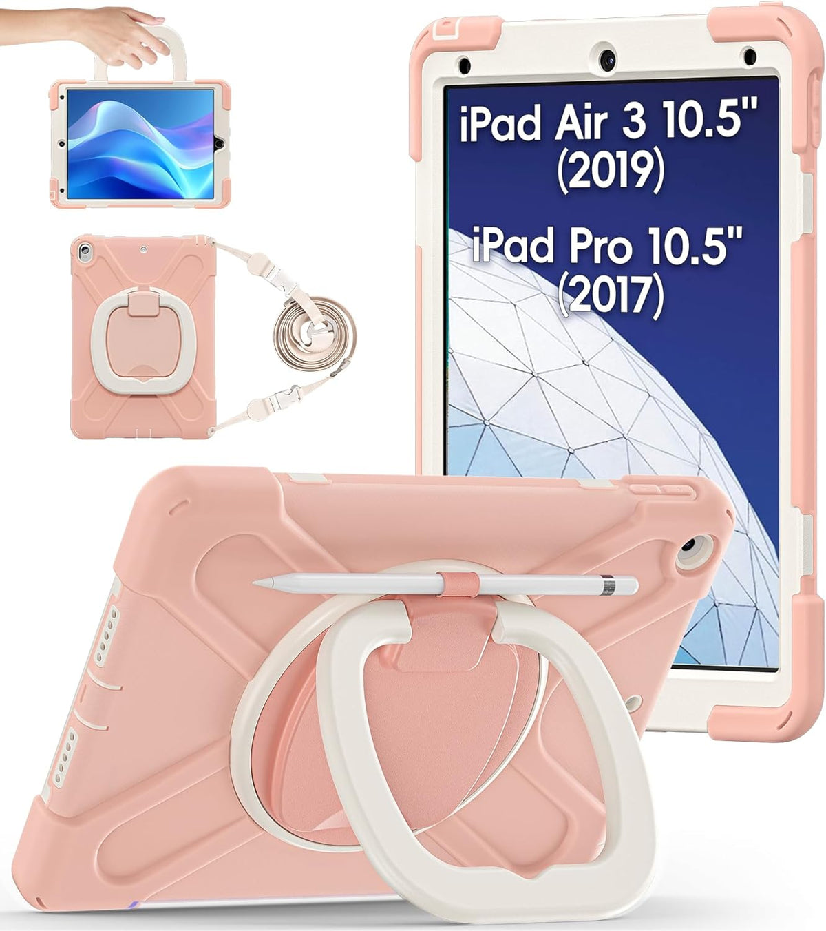 BATYUE Ipad Air 3Rd Generation Case 2019 / Ipad Pro 10.5 Inch Case 2017; Rugged Heavy Duty Protective Cover with Pencil Holder, 360° Swivel Stand, Shoulder Strap; for Kids (Navy Blue+Blue)