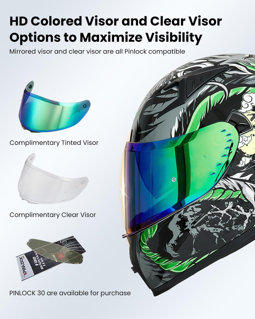 ILM Motorcycle Helmet Full Face with Pinlock Compatible Clear&Tinted Visors and Fins Street Bike Motocross Casco DOT Model Z501(Legend Green, Medium)
