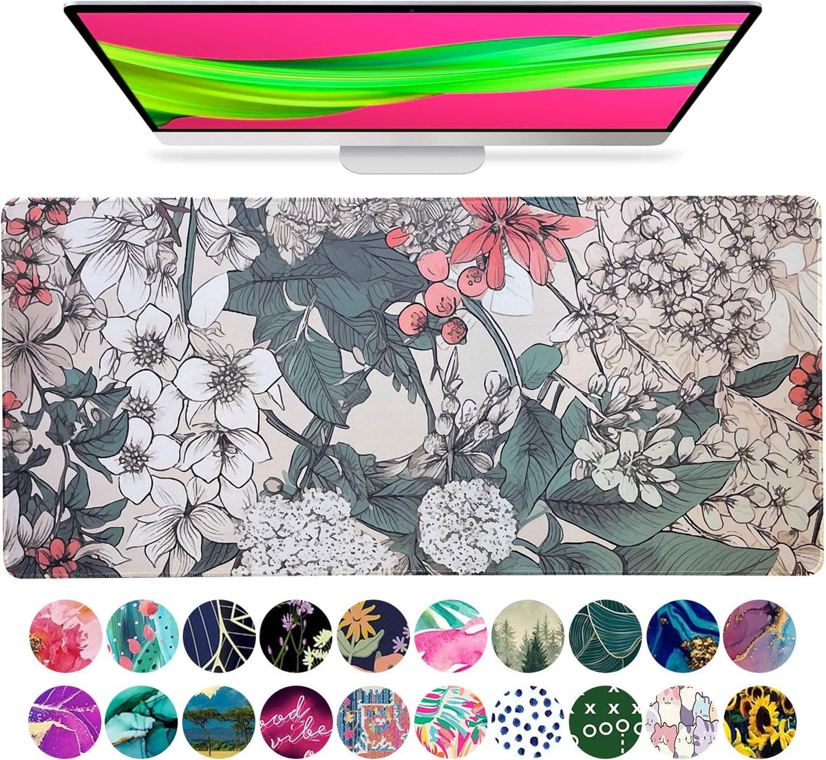 French KOKO Large Mouse Pad Desk Mat 15" X 30" – Extended Floral Desk Protector for Keyboard & Mouse – Non-Slip Waterproof Cute Office Pad Aesthetic Workstation Mat