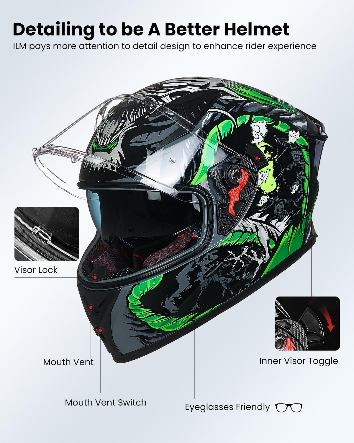 ILM Motorcycle Helmet Full Face with Pinlock Compatible Clear&Tinted Visors and Fins Street Bike Motocross Casco DOT Model Z501(Legend Green, Medium)