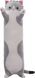Cute Cat Plush Long Body Pillow – Soft Cartoon Stuffed Animal Doll, Kawaii Cat Plushie Toy Pillow Gifts for Kids, Girls & Girlfriend (Gray, 19.7 Inch)
