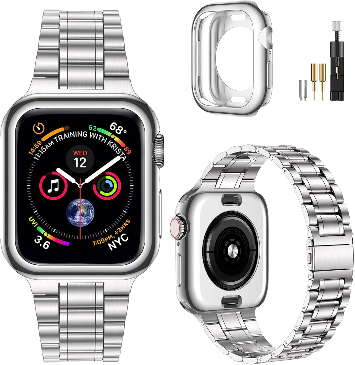 Miohhr Solid Stainless Steel Band Compatible with Apple Watch 44Mm(Series 6/5/4/SE), 42Mm (Series 3/2/1), Metal Strap with Soft TPU Case for Iwatch Bands for Women and Men, Gold