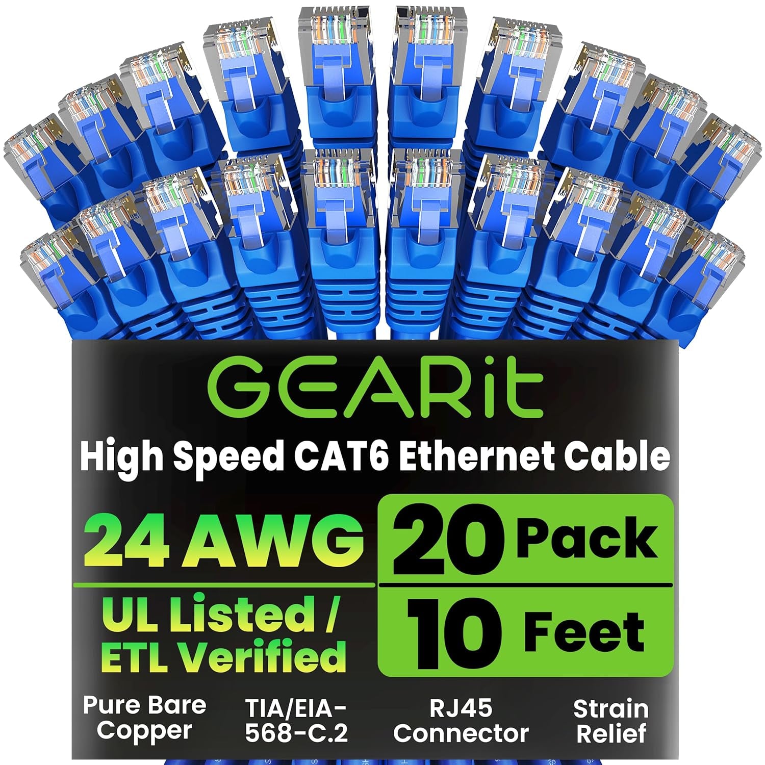 Gearit Cat 6 Ethernet Cable (10-Pack 10 Feet) Cat6 Network Patch, 10Gbps, RJ45, Snagless Cord, Gold-Plated Connectors, Internet for PC, TV, Tablet, Router, Printer, Servers, IT Data Center - Green
