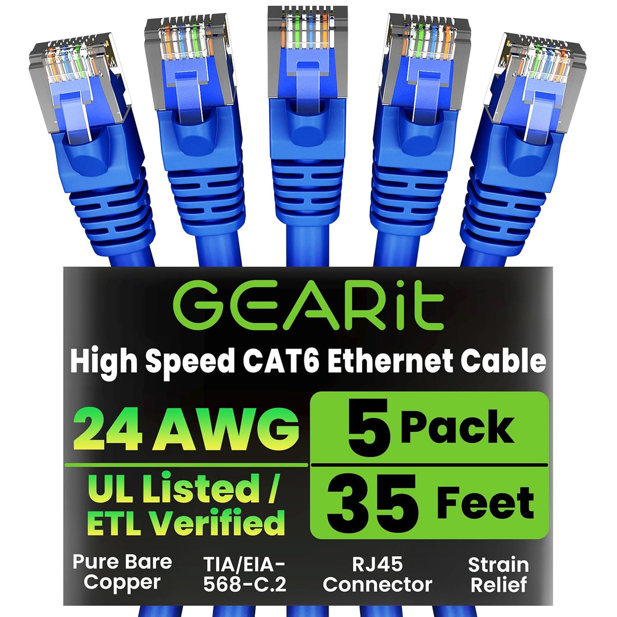 Gearit Cat 6 Ethernet Cable (10-Pack 10 Feet) Cat6 Network Patch, 10Gbps, RJ45, Snagless Cord, Gold-Plated Connectors, Internet for PC, TV, Tablet, Router, Printer, Servers, IT Data Center - Green
