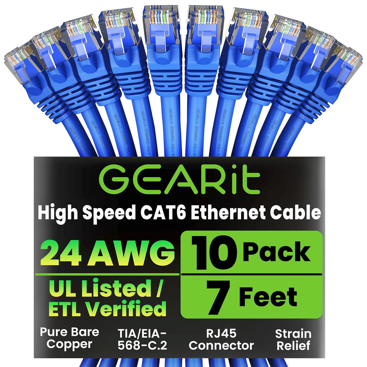 Gearit Cat 6 Ethernet Cable (10-Pack 10 Feet) Cat6 Network Patch, 10Gbps, RJ45, Snagless Cord, Gold-Plated Connectors, Internet for PC, TV, Tablet, Router, Printer, Servers, IT Data Center - Green