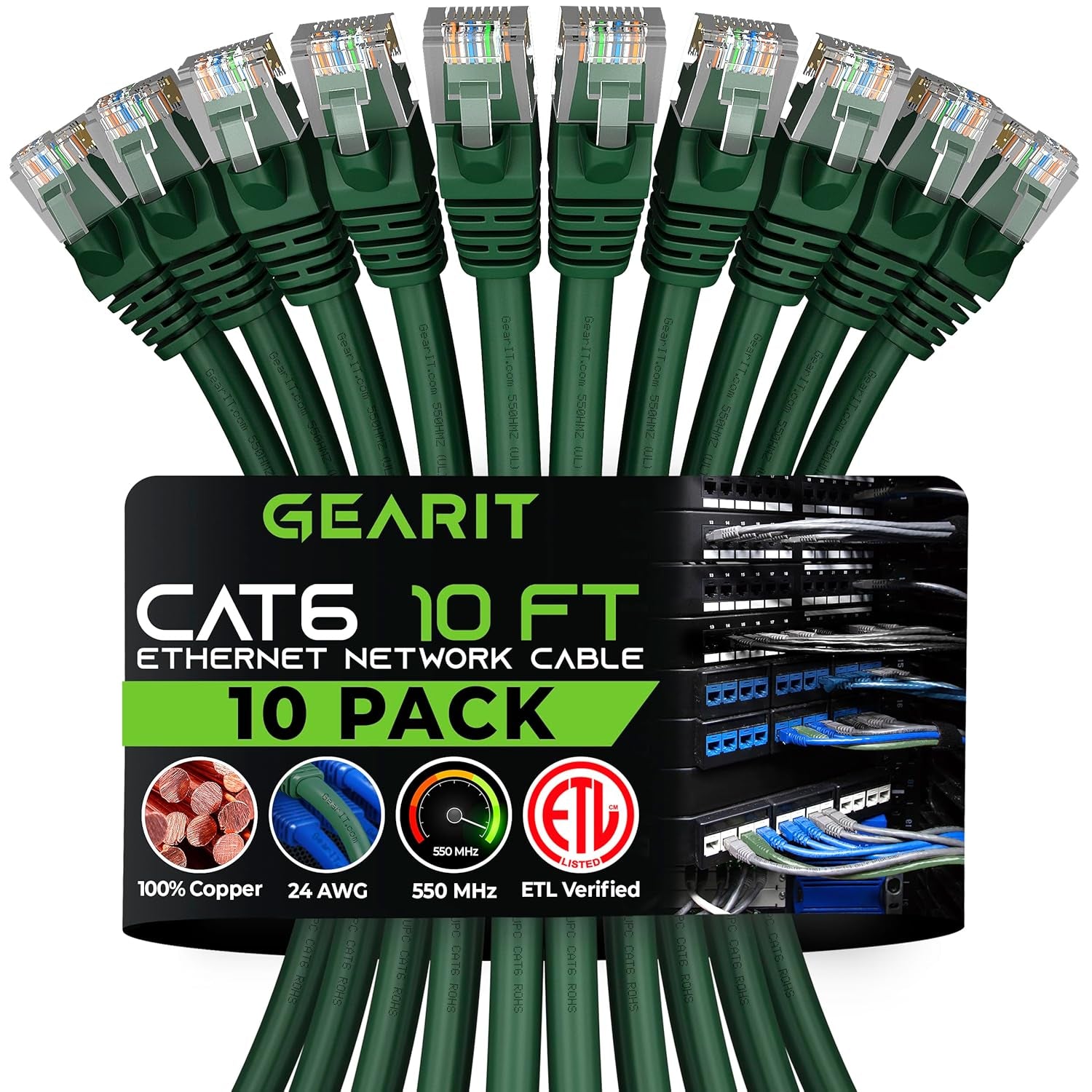 Gearit Cat 6 Ethernet Cable (10-Pack 10 Feet) Cat6 Network Patch, 10Gbps, RJ45, Snagless Cord, Gold-Plated Connectors, Internet for PC, TV, Tablet, Router, Printer, Servers, IT Data Center - Green