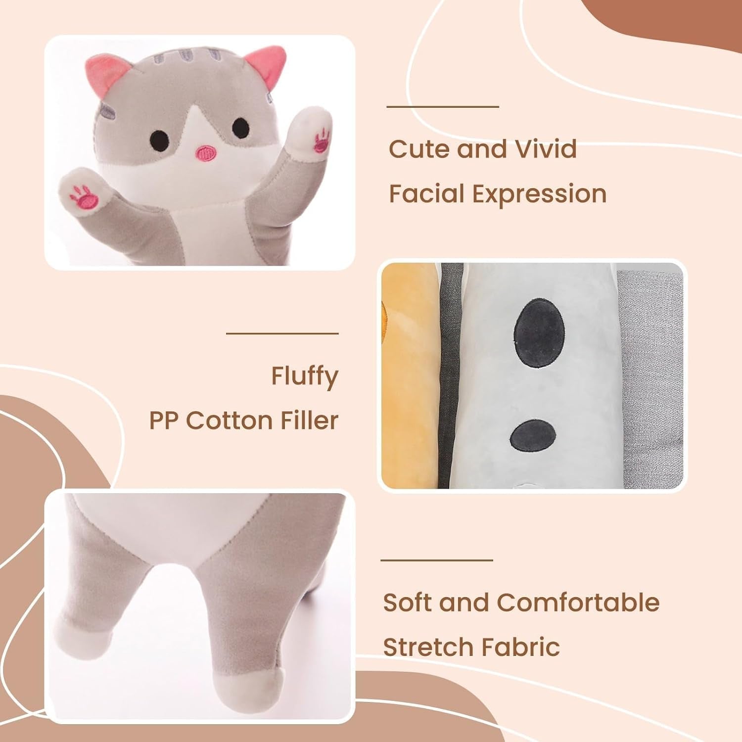 Cute Cat Plush Long Body Pillow – Soft Cartoon Stuffed Animal Doll, Kawaii Cat Plushie Toy Pillow Gifts for Kids, Girls & Girlfriend (Gray, 19.7 Inch)