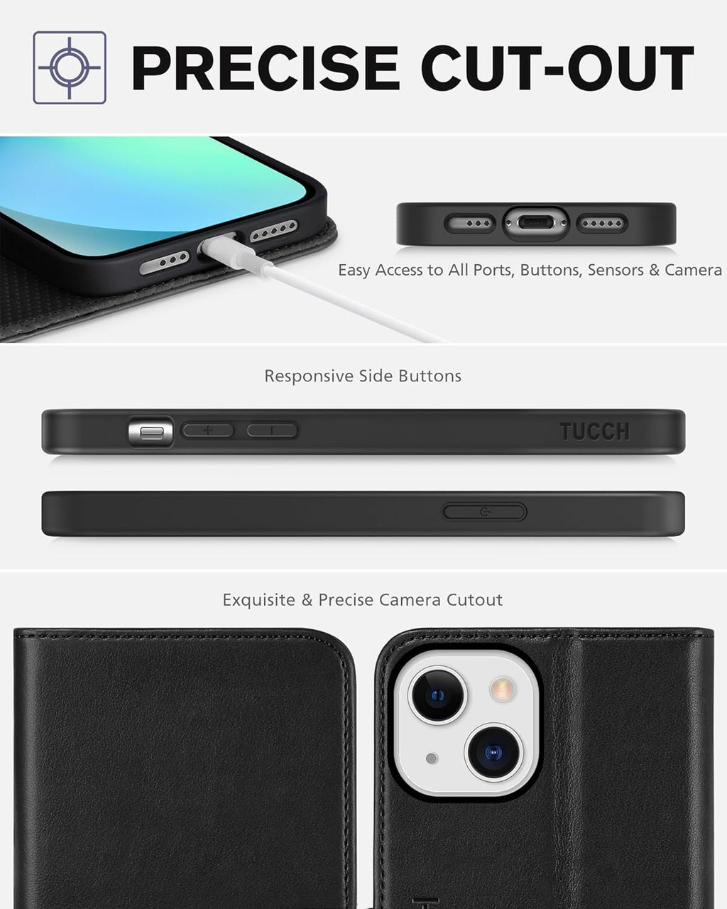 TUCCH Case Wallet for Iphone 13 5G, PU Leather Flip Folio Cover with [3 Card Slots], Stand Book Design [Shockproof TPU Interior Case] Compatible with Iphone 13 6.1-Inch 2021, Black