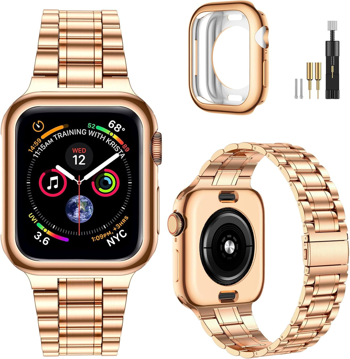 Miohhr Solid Stainless Steel Band Compatible with Apple Watch 44Mm(Series 6/5/4/SE), 42Mm (Series 3/2/1), Metal Strap with Soft TPU Case for Iwatch Bands for Women and Men, Gold