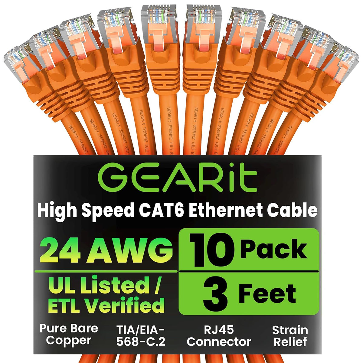 Gearit Cat 6 Ethernet Cable (10-Pack 10 Feet) Cat6 Network Patch, 10Gbps, RJ45, Snagless Cord, Gold-Plated Connectors, Internet for PC, TV, Tablet, Router, Printer, Servers, IT Data Center - Green