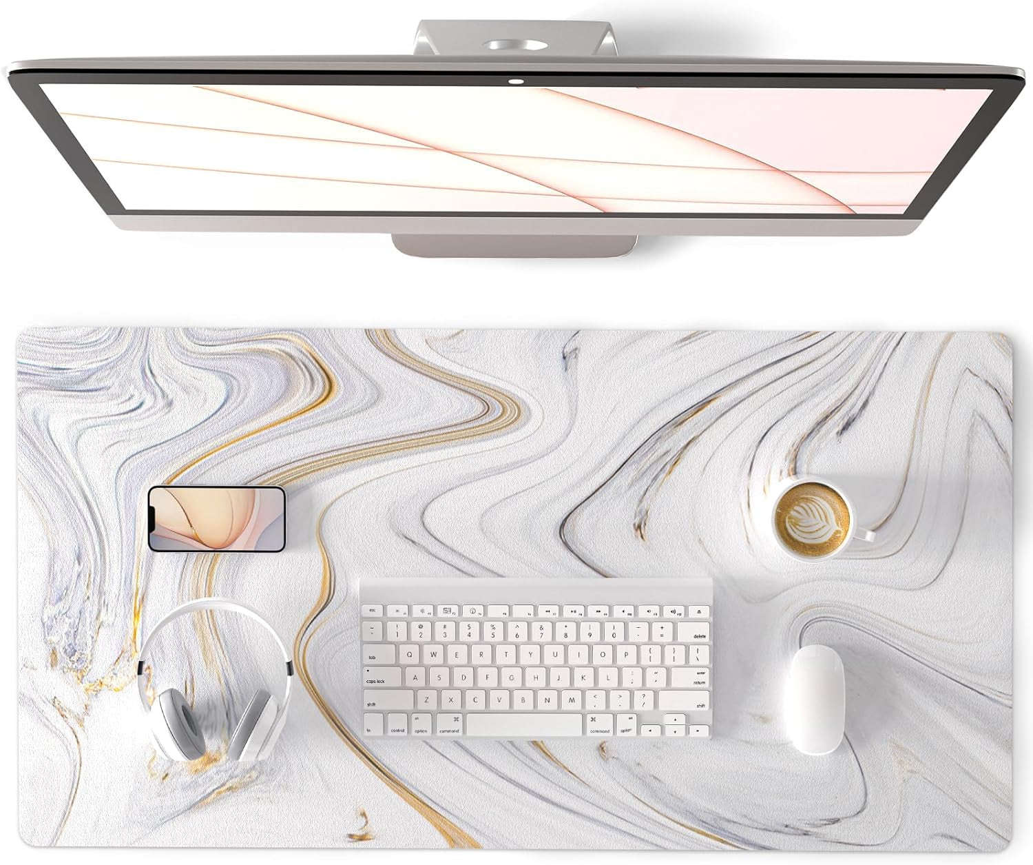QIYI Large Mouse Pad, Cute Pink Desk Mat for Desktop, Women Girls PU Leather Desk Pad Waterproof Gaming Mousepad, Rose Gold Marble Computer Protector Writing Pad for School Office Home 31.5" X 15.7"