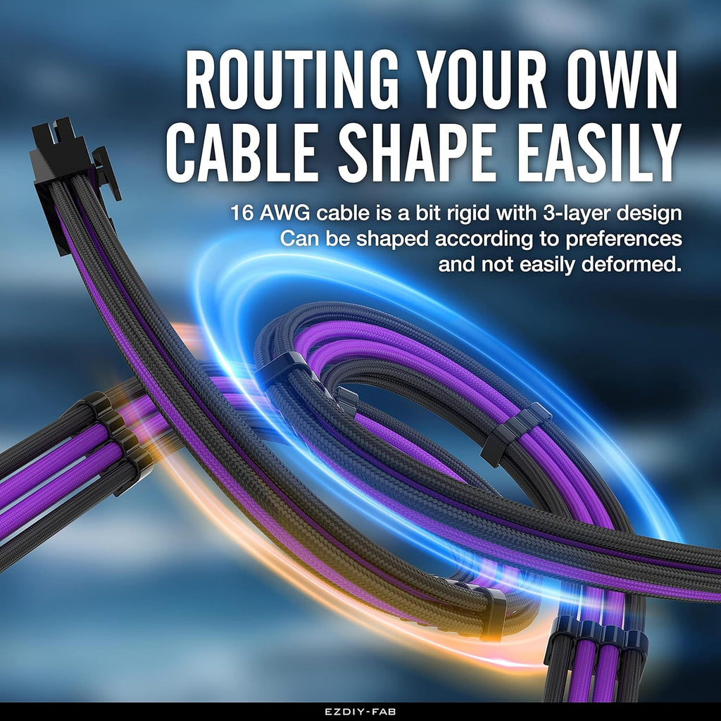 EZDIY-FAB PSU Cable Extension Kit Sleeved Cable Custom Power Supply Sleeved Extension 16 AWG 24-PIN 8-PIN 6-PIN 4+4-PIN with Combs- Black/Purple