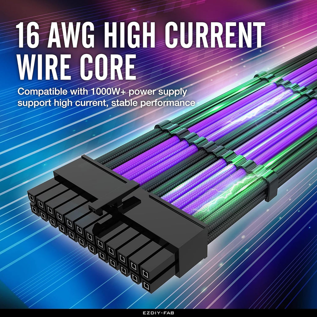 EZDIY-FAB PSU Cable Extension Kit Sleeved Cable Custom Power Supply Sleeved Extension 16 AWG 24-PIN 8-PIN 6-PIN 4+4-PIN with Combs- Black/Purple