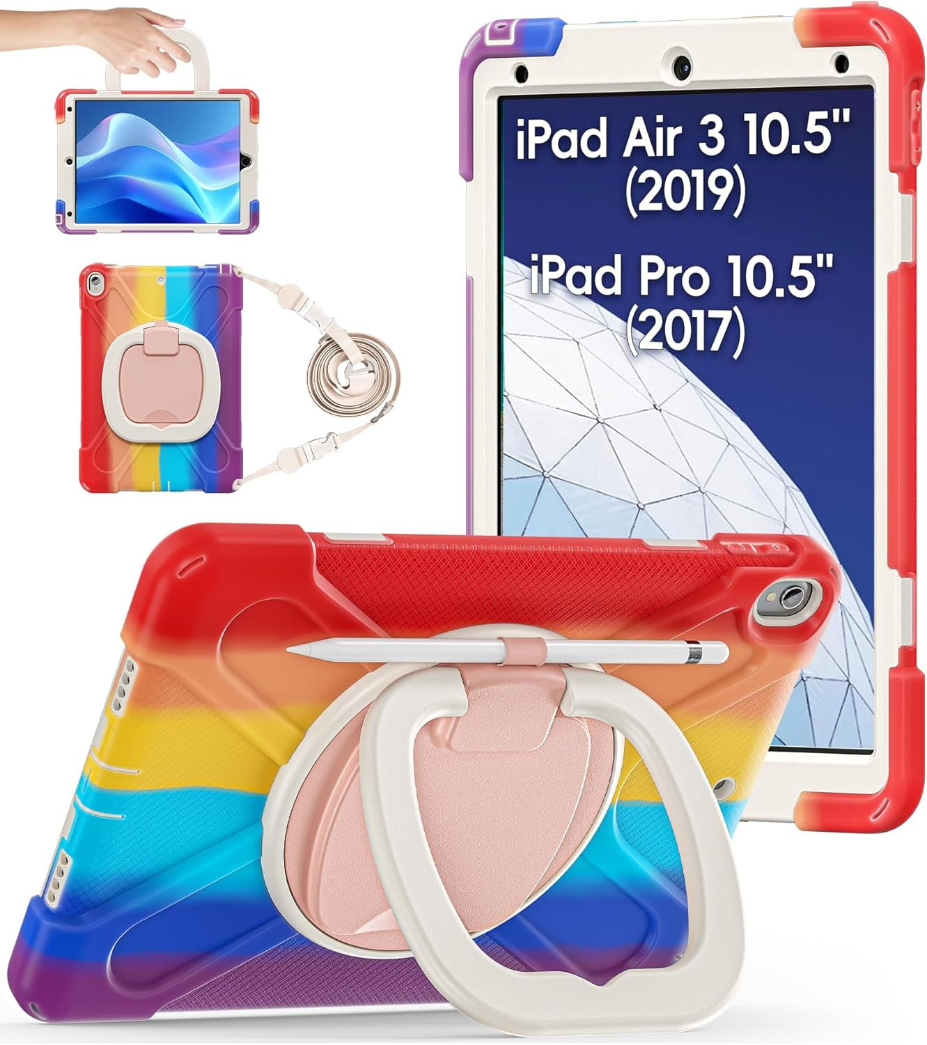BATYUE Ipad Air 3Rd Generation Case 2019 / Ipad Pro 10.5 Inch Case 2017; Rugged Heavy Duty Protective Cover with Pencil Holder, 360° Swivel Stand, Shoulder Strap; for Kids (Navy Blue+Blue)