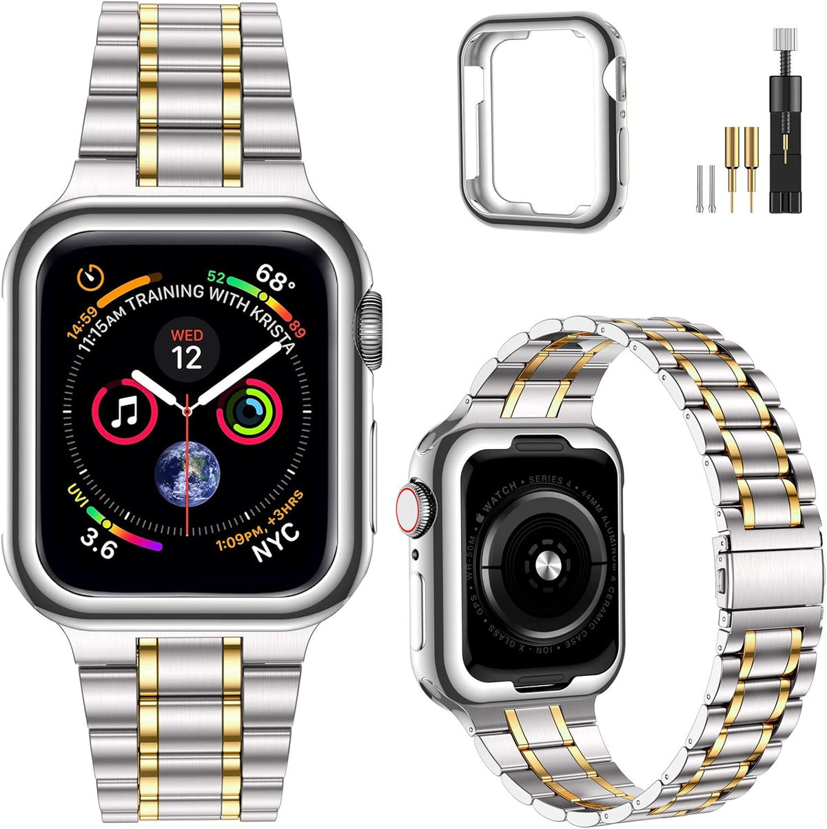 Miohhr Solid Stainless Steel Band Compatible with Apple Watch 44Mm(Series 6/5/4/SE), 42Mm (Series 3/2/1), Metal Strap with Soft TPU Case for Iwatch Bands for Women and Men, Gold