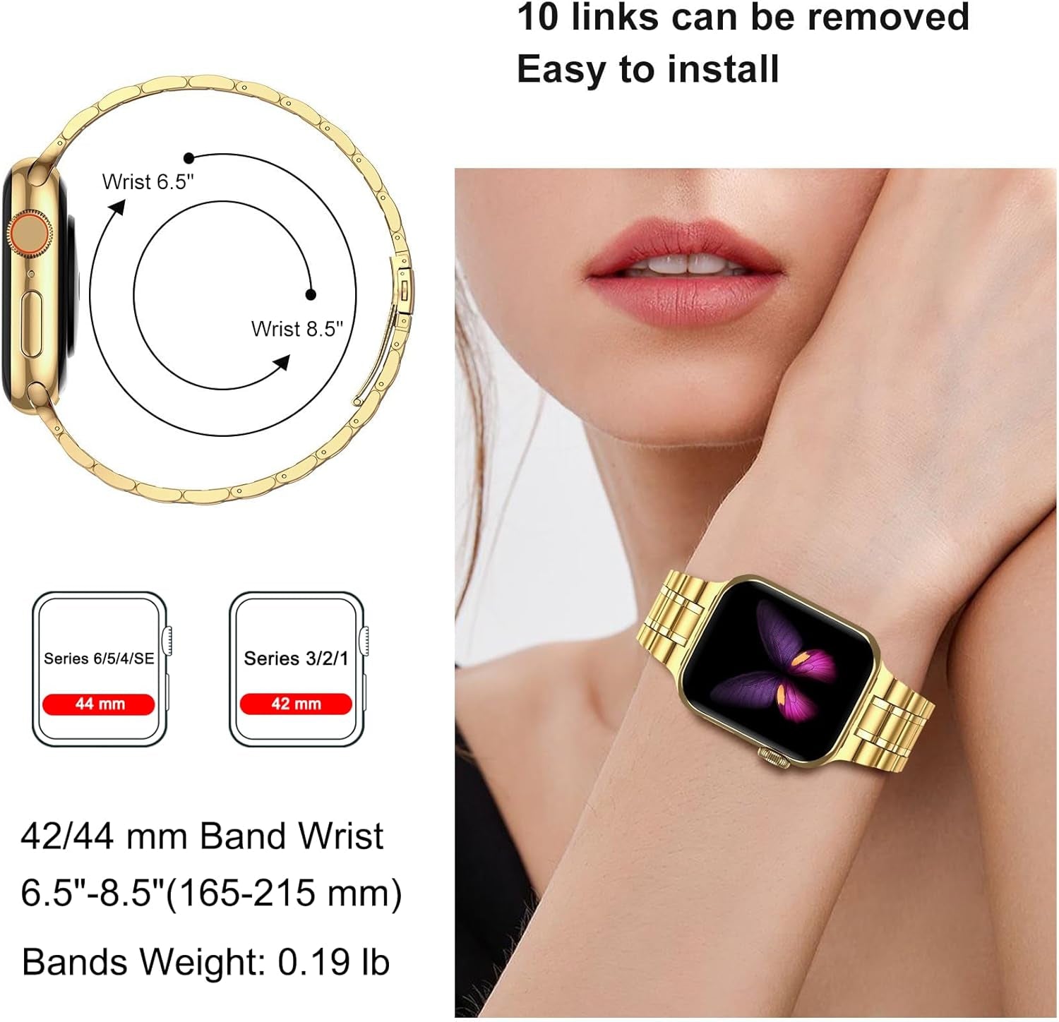 Miohhr Solid Stainless Steel Band Compatible with Apple Watch 44Mm(Series 6/5/4/SE), 42Mm (Series 3/2/1), Metal Strap with Soft TPU Case for Iwatch Bands for Women and Men, Gold