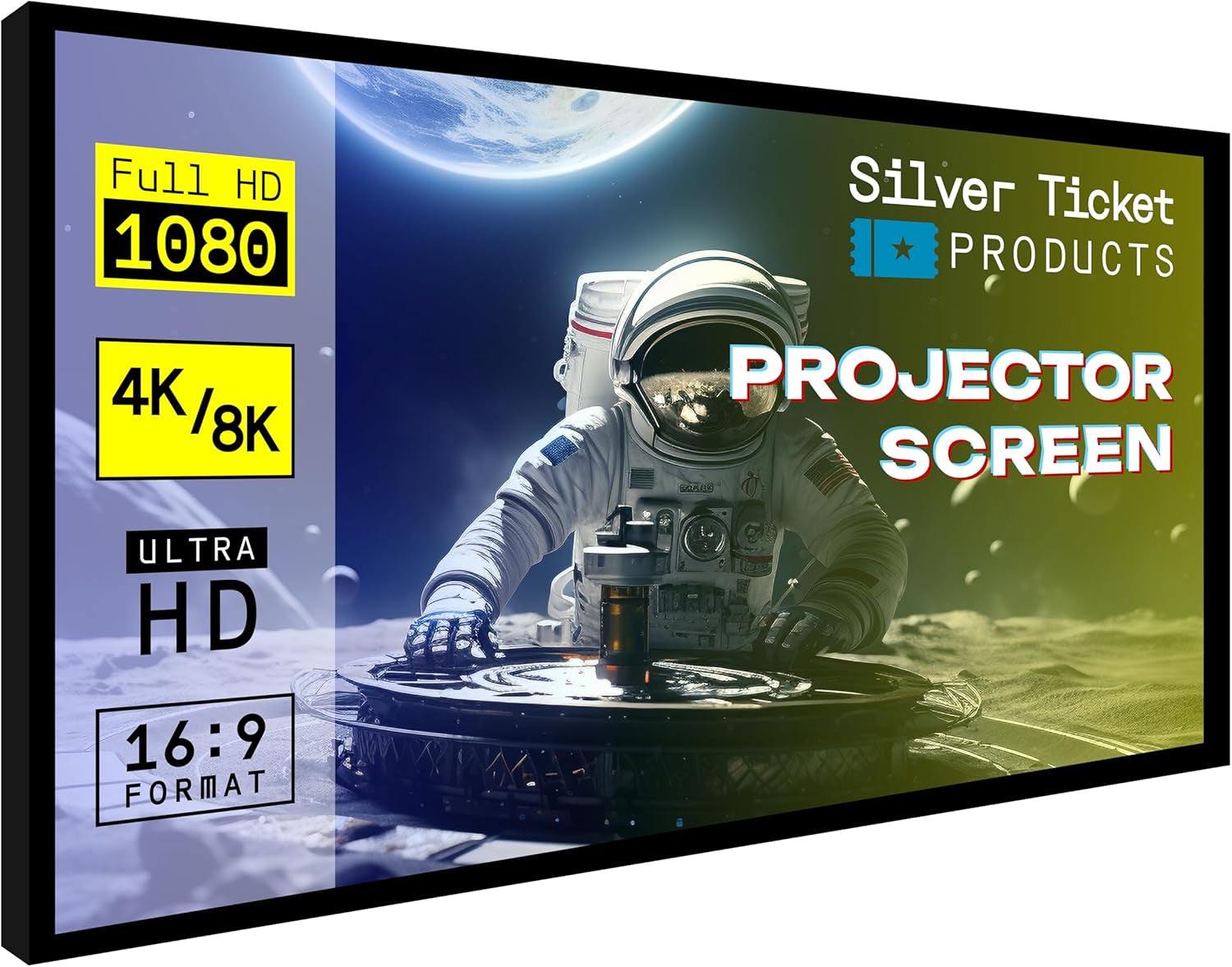Silver Ticket Products STR Series 6 Piece Home Theater Fixed Frame 4K / 8K Ultra HD, HDTV, HDR & Active 3D Movie Projection Screen, 16:9 Format, 150" Diagonal, White Material STR-169150