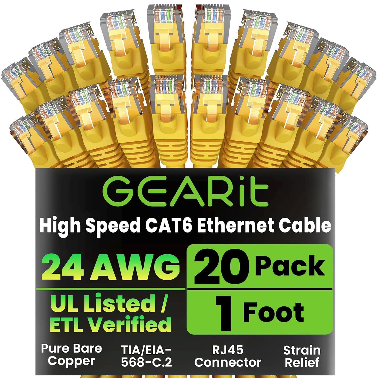 Gearit Cat 6 Ethernet Cable (10-Pack 10 Feet) Cat6 Network Patch, 10Gbps, RJ45, Snagless Cord, Gold-Plated Connectors, Internet for PC, TV, Tablet, Router, Printer, Servers, IT Data Center - Green