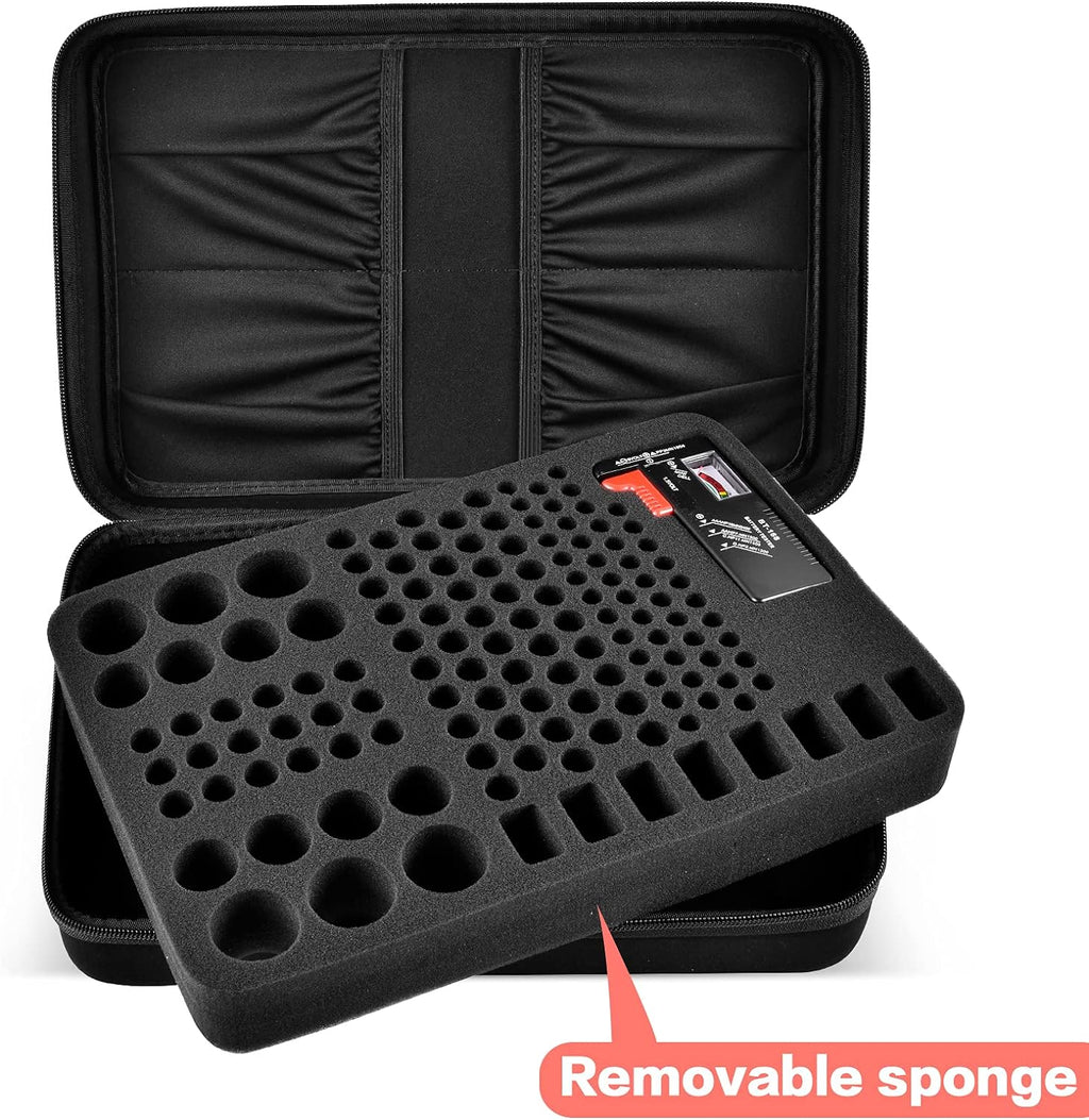 Comecase Battery Organizer Storage Case, Battery Vault Carrying Container Bag Holder - Holds 148+ Batteries AA AAA AAAA C D 9V Button Cell - with BT-168 Tester for Home&Garage- Black(Box Only)