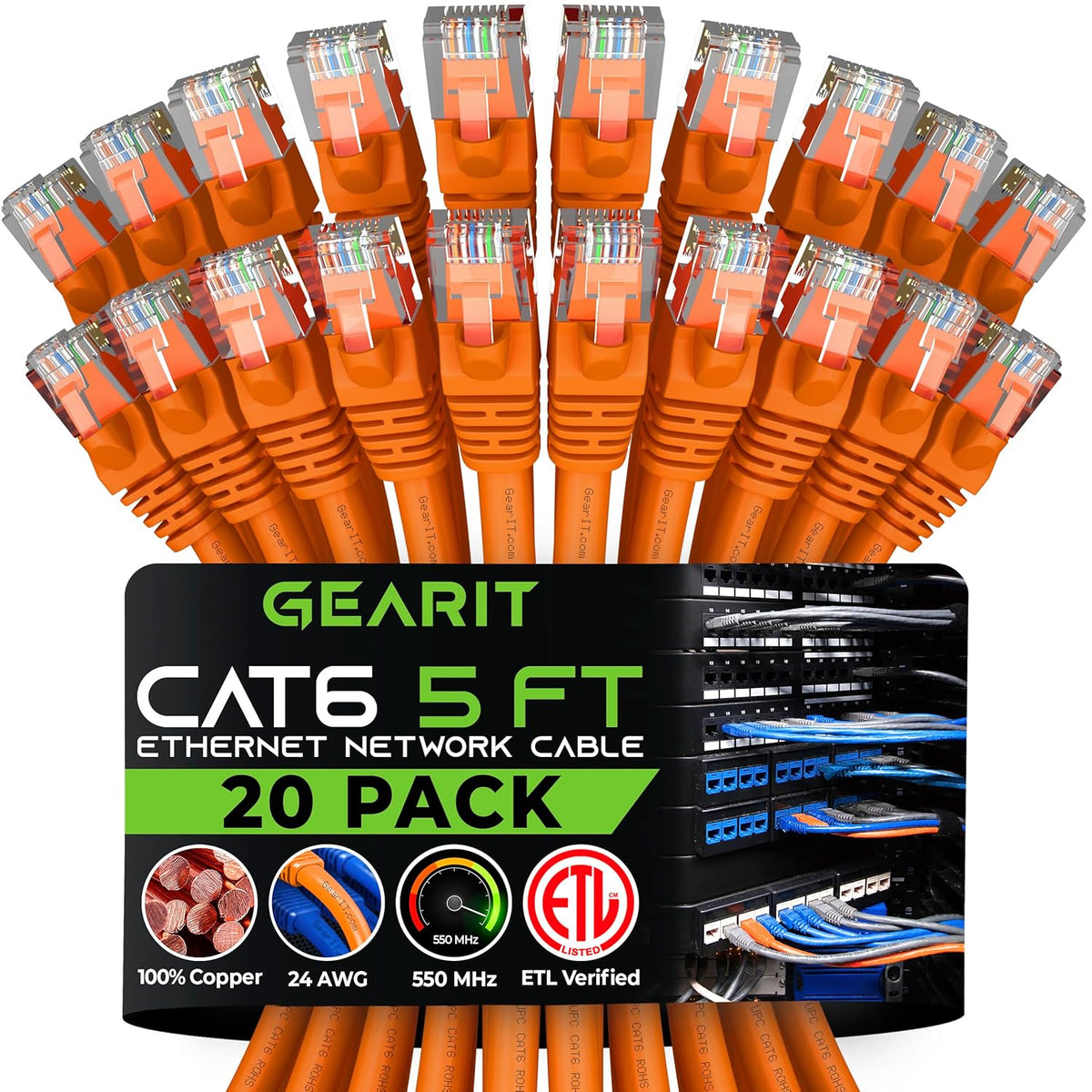 Gearit Cat 6 Ethernet Cable (10-Pack 10 Feet) Cat6 Network Patch, 10Gbps, RJ45, Snagless Cord, Gold-Plated Connectors, Internet for PC, TV, Tablet, Router, Printer, Servers, IT Data Center - Green