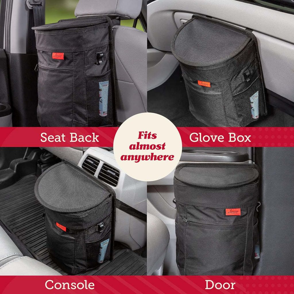 Lusso Gear Car Trash Can - 2.5-Gallon, Black, round - Leak-Proof & Spill-Proof Lid & Waterproof Removable Liner - Hanging Car Trash Bin & Organizer for SUV, Truck & Minivan