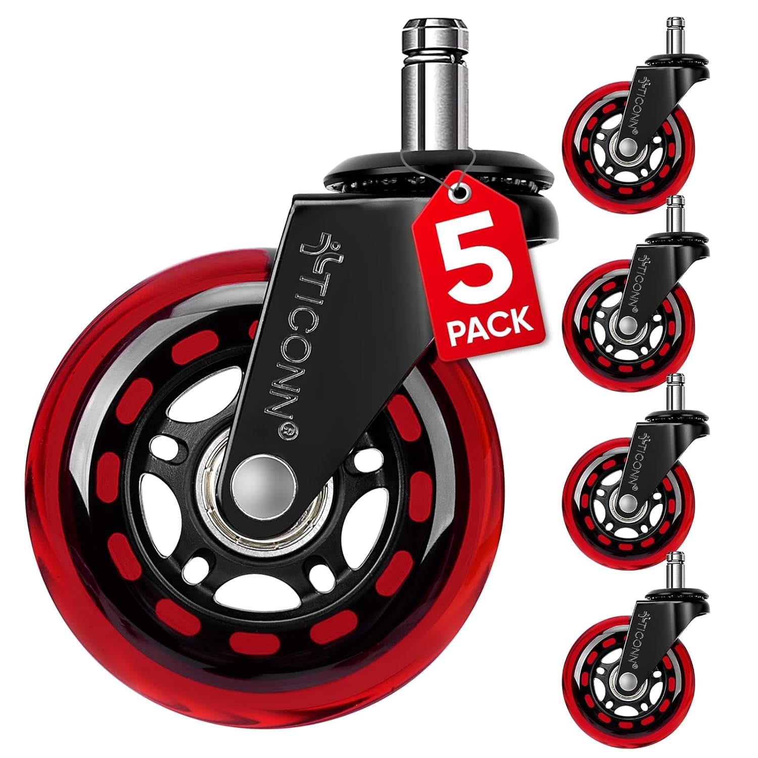 TICONN Office Chair Caster Wheels Set of 5 for Tile, Hardwood Floors and Carpets, Universal Fit for Most Chairs (Black)