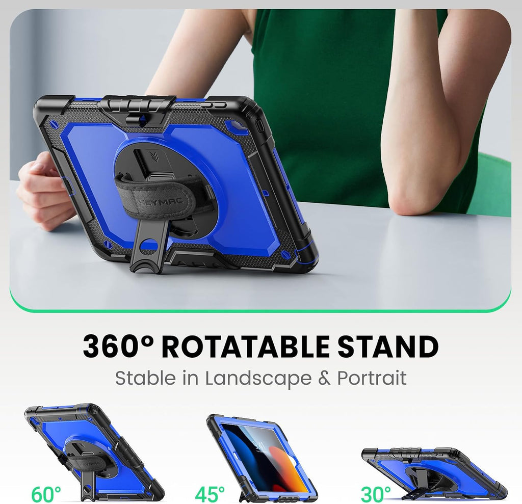 SEYMAC for Ipad 9Th/8Th/7Th Generation Case 10.2" 2021-2019, Full-Body Shockproof Heavy Duty Protective Case with Screen Protector, Rotating Stand/Handle/Shoulder Strap for Ipad 10.2, Black/Blue