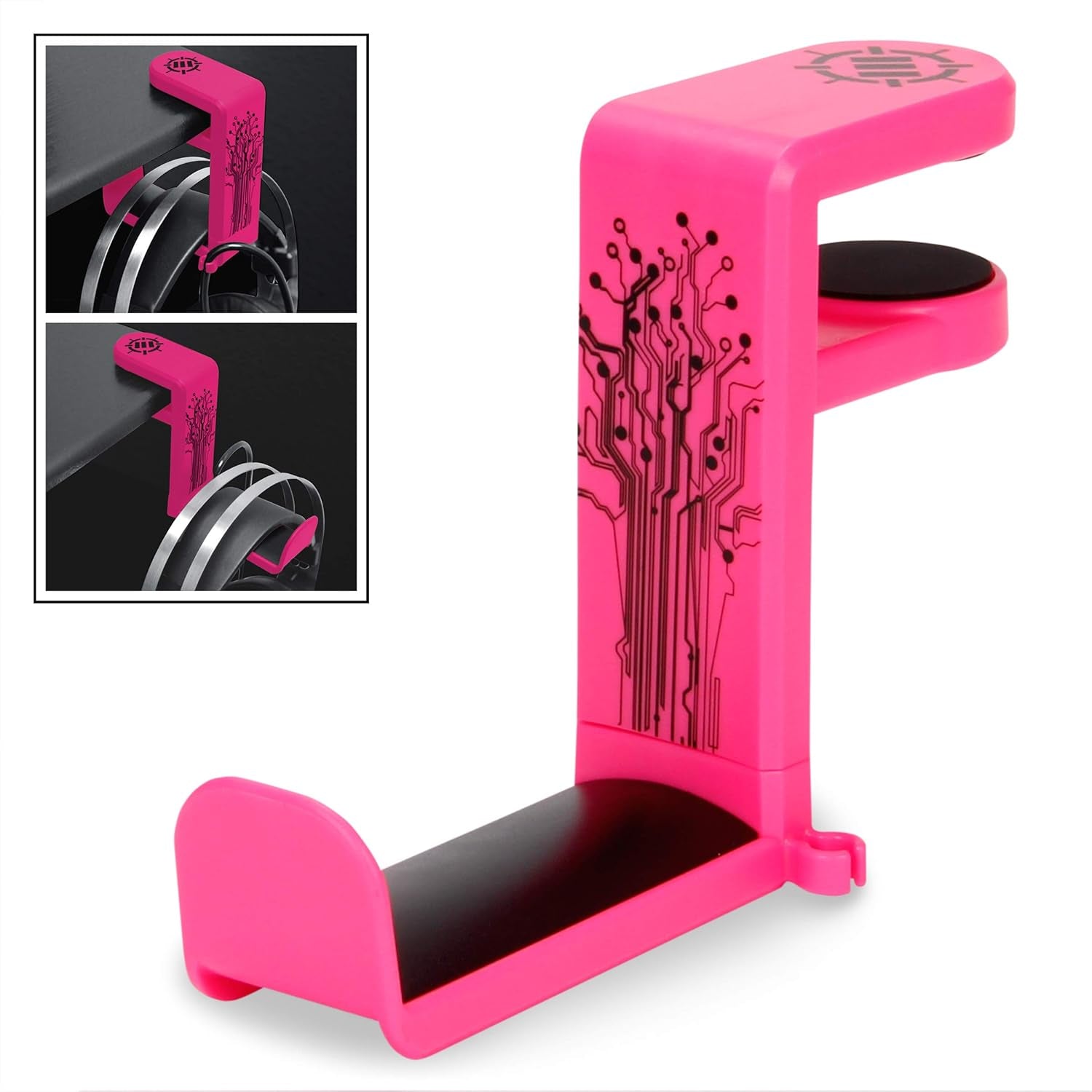 ENHANCE PC Gaming Headphone Holder - Desk Headphone Hanger Esports Headset Holder with Adjustable 360 Rotation, under Desk Hook Clamp, Universal Fit - Built in Cable Clip Organizer - Red