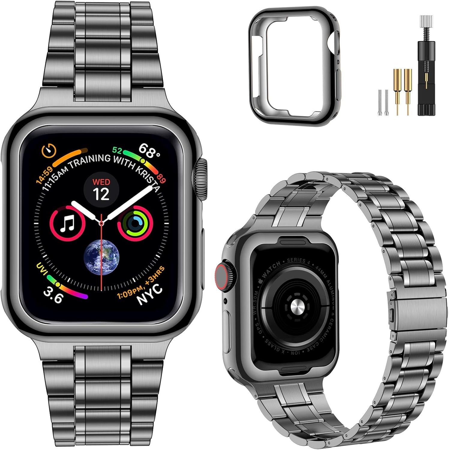 Miohhr Solid Stainless Steel Band Compatible with Apple Watch 44Mm(Series 6/5/4/SE), 42Mm (Series 3/2/1), Metal Strap with Soft TPU Case for Iwatch Bands for Women and Men, Gold