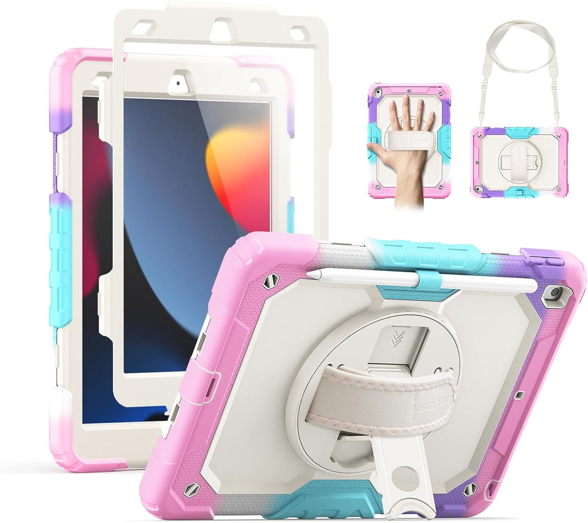 SEYMAC for Ipad 9Th/8Th/7Th Generation Case 10.2" 2021-2019, Full-Body Shockproof Heavy Duty Protective Case with Screen Protector, Rotating Stand/Handle/Shoulder Strap for Ipad 10.2, Black/Blue