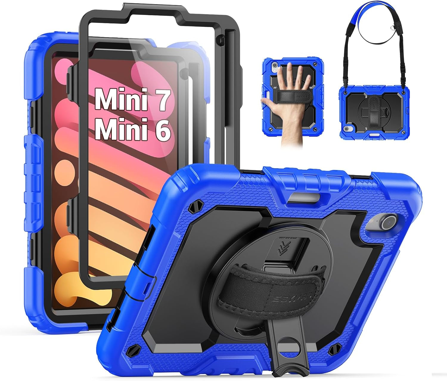 SEYMAC for Ipad 9Th/8Th/7Th Generation Case 10.2" 2021-2019, Full-Body Shockproof Heavy Duty Protective Case with Screen Protector, Rotating Stand/Handle/Shoulder Strap for Ipad 10.2, Black/Blue