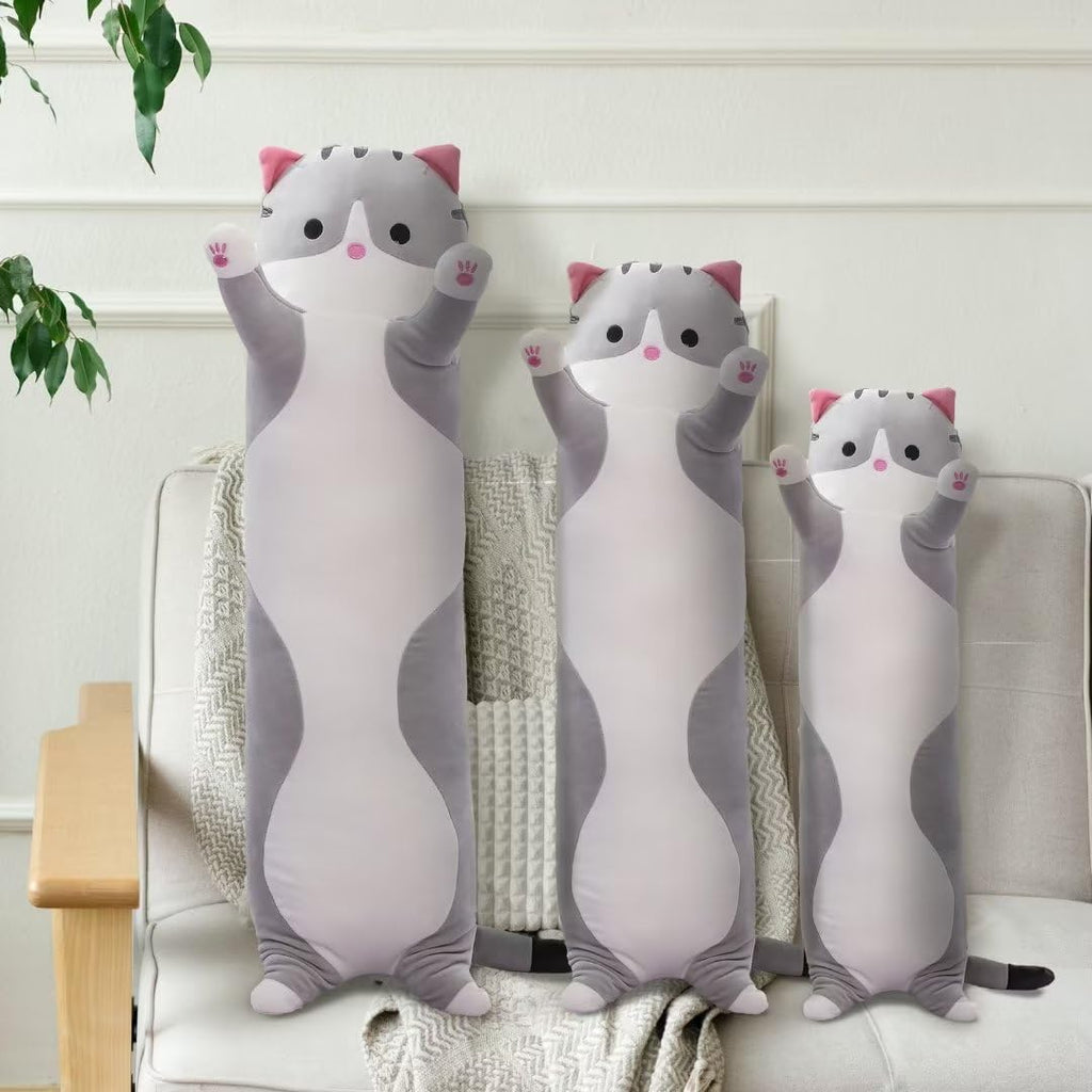 Cute Cat Plush Long Body Pillow – Soft Cartoon Stuffed Animal Doll, Kawaii Cat Plushie Toy Pillow Gifts for Kids, Girls & Girlfriend (Gray, 19.7 Inch)