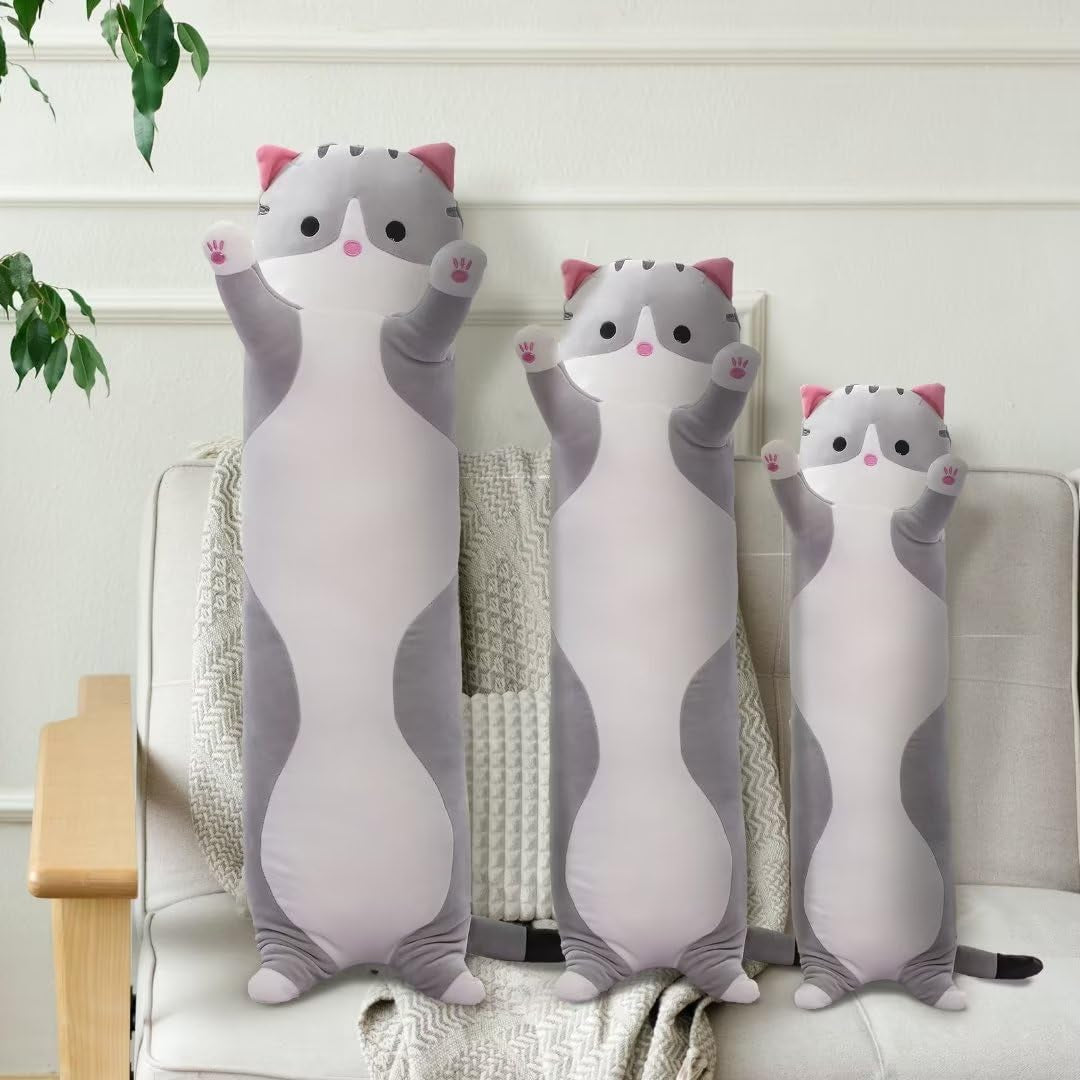 Cute Cat Plush Long Body Pillow – Soft Cartoon Stuffed Animal Doll, Kawaii Cat Plushie Toy Pillow Gifts for Kids, Girls & Girlfriend (Gray, 19.7 Inch)