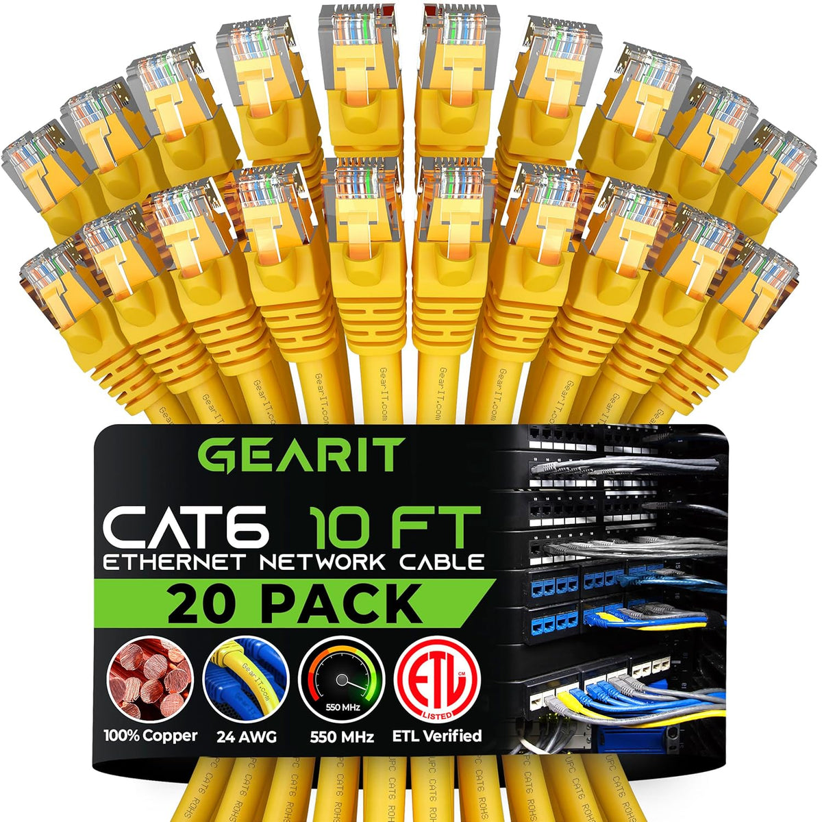 Gearit Cat 6 Ethernet Cable (10-Pack 10 Feet) Cat6 Network Patch, 10Gbps, RJ45, Snagless Cord, Gold-Plated Connectors, Internet for PC, TV, Tablet, Router, Printer, Servers, IT Data Center - Green