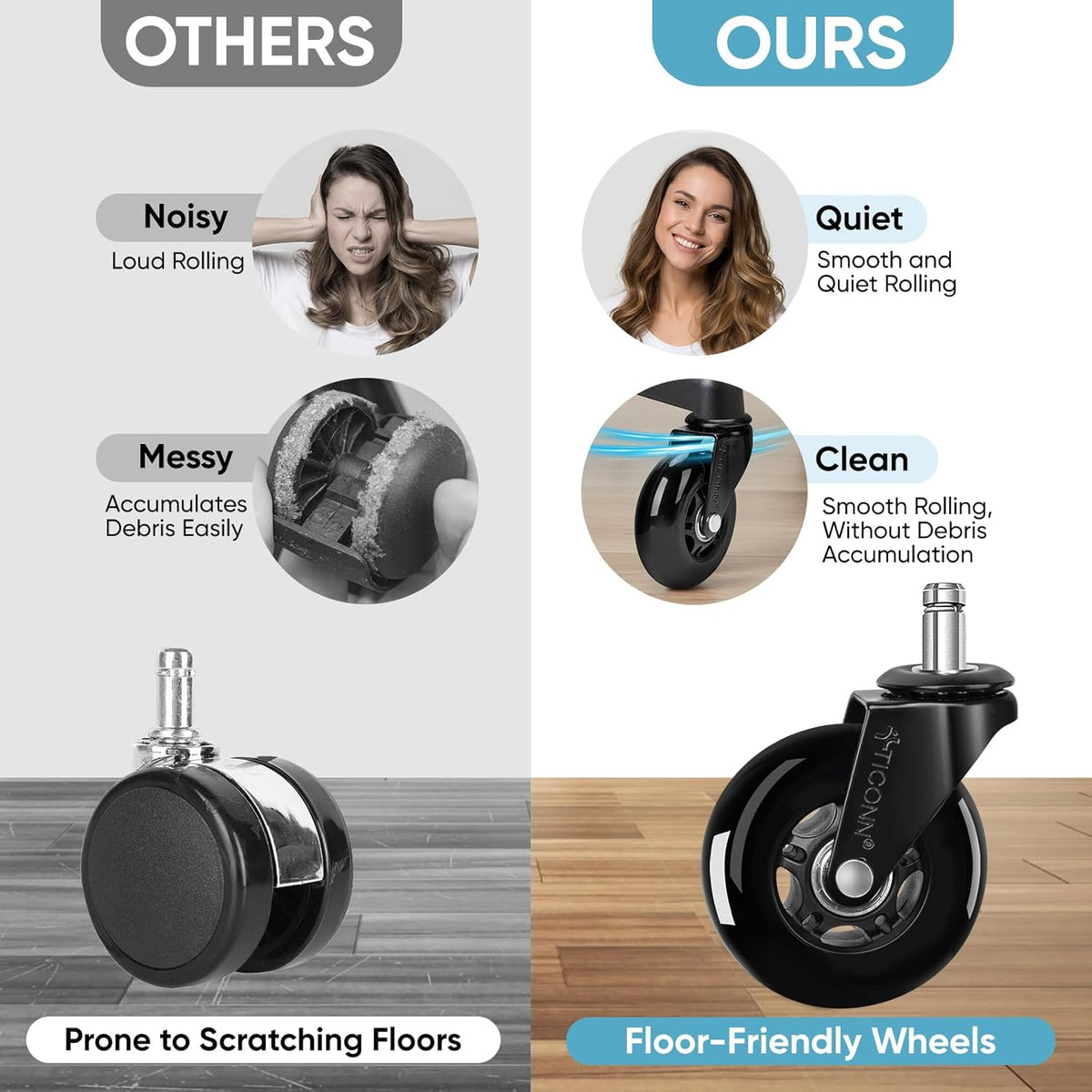 TICONN Office Chair Caster Wheels Set of 5 for Tile, Hardwood Floors and Carpets, Universal Fit for Most Chairs (Black)