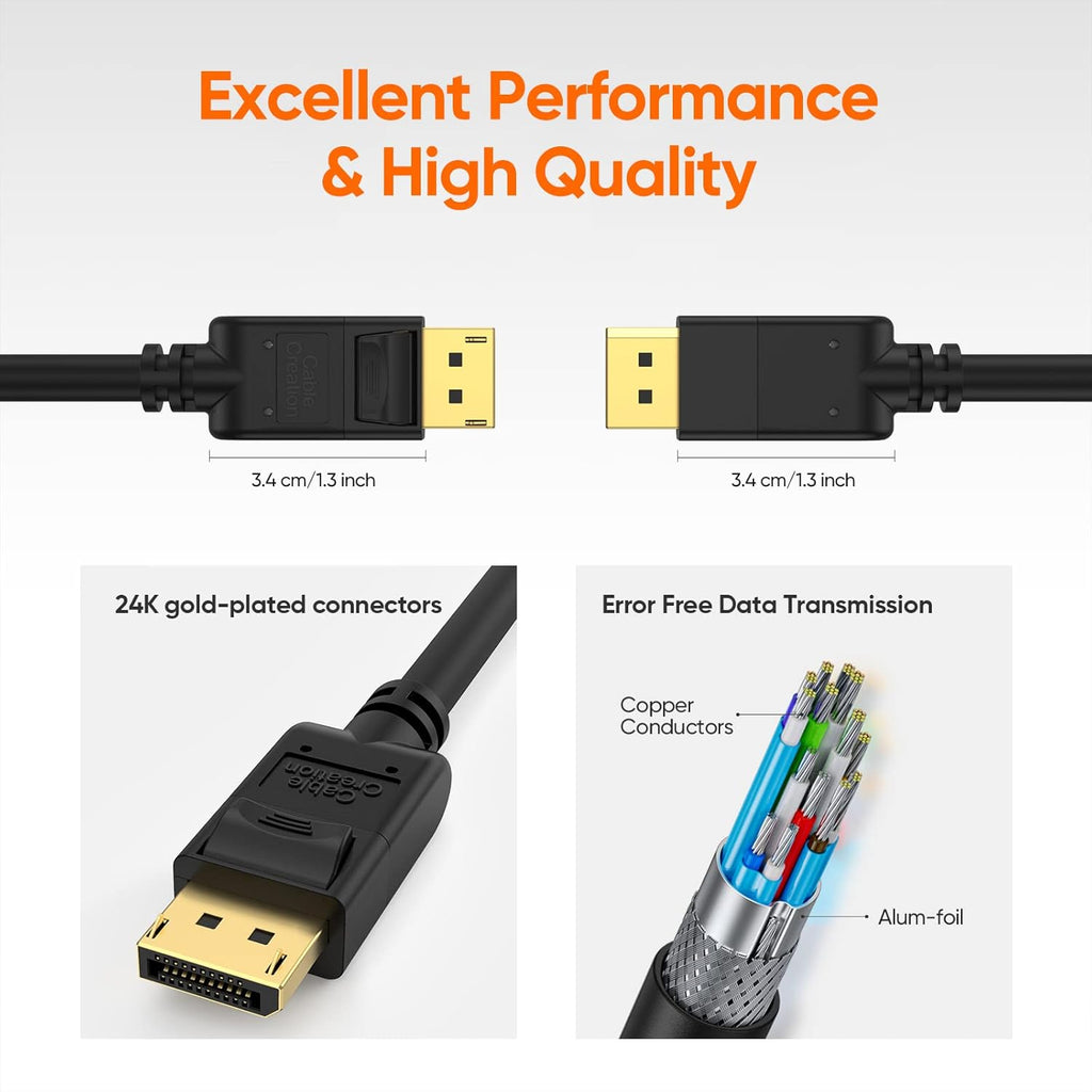 Cablecreation Displayport Cable 10Ft/3M, 4K DP Cable 1.2 Male to Male Support 4K@60Hz, 2K@144Hz Compatible with Computer, Desktop, Laptop, PC, Monitor, Projector,2Pack/Black